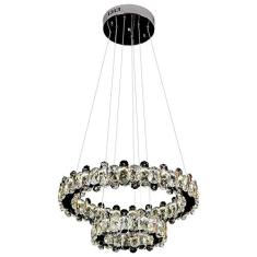 Lustre LED Redondo Cristal K9 Inox com 2 anéis 50 cm 44 watts Luz 3000 a 6500k - Controle Remoto