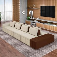 Sofá Ilha com Encosto e Almofadas Móveis Olimpo 505cm Modulado Linho/PU Bege/Marrom G45 - Gran Belo