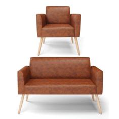 Sofá Namoradeira Com Poltrona Pés Palito Natural Marisa Corano D03 - D\`rossi Cor Nozes