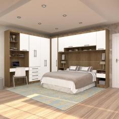 Quarto de Canto Casal com Guarda Roupas Cabeceira e Bancada Home Offic