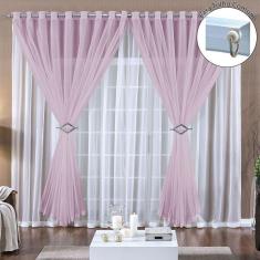 Cortina Paula 4,00M X 2,80M Rosa Para Trilho Comum Tecido Voal Leve Clean Sala
