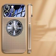 Capa magnética de dissipação de calor para iPhone 13 11 12 14 15 Pro Max Lente de vidro de malha galvanizada Ampliar logotipo Capa de telefone, dourada, para iPhone 14 Pro