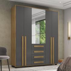 Guarda Roupa Solteiro com Espelho 4 Portas 4 Gavetas Las Vegas III Cinamomo/Grafite