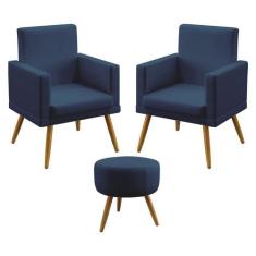 Kit 2 Poltronas Decorativas Estofada Vega e Puff Solar Com Rodapé Sued