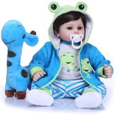 Boneca Bebê Menino Girafinha Corpo Silicone Pode dar Banho - New Happy
