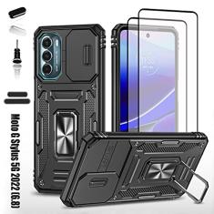 LMDAMZ Capa resistente para Motorola Moto G Stylus 5G 2022, proteção amortecedora de borracha híbrida de camada dupla de grau militar com protetor de câmera deslizante, suporte giratório embutido de