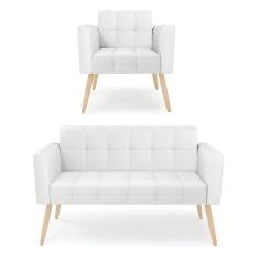 Kit 1 Sofá Namoradeira E 1 Poltrona Elisa Corino Branco Pés Palito Natural - D`rossi
