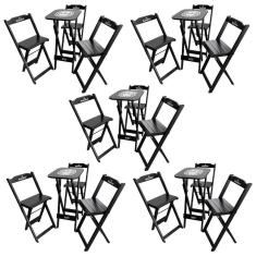 Kit 5 Conjuntos Bistrô Mesa Com 3 Banquetas Dobráveis De Madeira Personalizada Hei - Preta