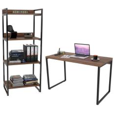 Kit Escritório Estilo Industrial Mesa 135cm e Estante Nogal