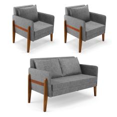 Kit 1 Sofá Namoradeira e 2 Poltronas Lana Linho Grafite A26 Base de Madeira - D'Rossi