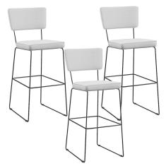 Kit 03 Banquetas Alta Base Aço Fixa Linho Cinza