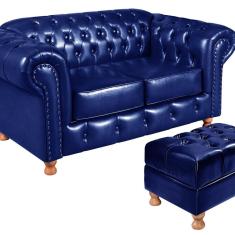 Sofá 2 Lugares Com Puff Luis XV Decoração Sala Recepção Retrô Azul