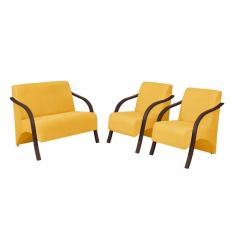 Conjunto Vênus 2 Poltronas De 1 Lugar E 1de 2 Lugares Braço Madeira D Salla Suede