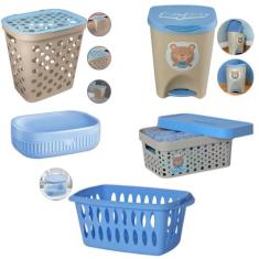 Kit Baby Bear Menino Cesto Roupa Cesto Organizador Lixeira e Sabonetei