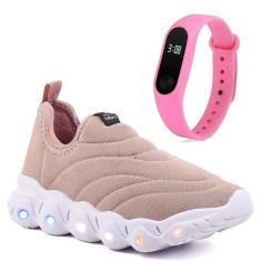 Tenis Infantil De Led Calce Facil Elastico Meninas Feminino + Relogio-Feminino