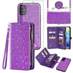 Asuwish Capa de celular para Samsung Galaxy A71 5G carteira com zíper destacável com protetor de tela de vidro temperado cordão alça de pulso flip compartimento para cartão de crédito A 71 G5 71A S71