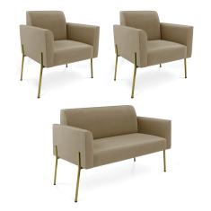 Sofá Namoradeira e 2 Poltronas Pé de Ferro Dourado Marisa Suede Marrom Rato D03 - D'Rossi