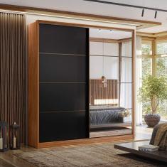 Guarda-Roupa Casal com Espelho 2 Portas 3 Gavetas Belga Nogueira Touch/Preto Prime TX