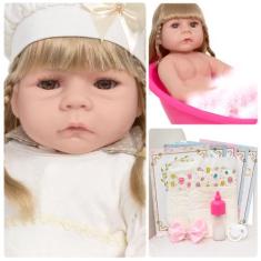 Boneca Reborn Loira Princesa Vestido Bege Enxoval Lindo - Cegonha Rebo