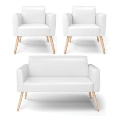 Sofá Namoradeira Com 2 Poltronas Pés Palito Natural Marisa Corano Branco D03 - D'rossi