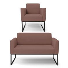 Sofá Namoradeira Com Poltrona Base Industrial Preto Marisa Veludo Rosê D03 - D'rossi