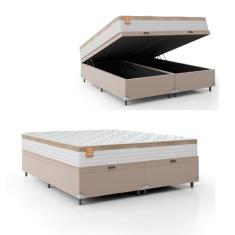 Cama Box Baú Colchão Casal King Molas Ensacadas Real 193x203x68cm Branco / Bege Inducol - Suporta até 130kg por Pessoa