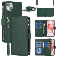 Cavor Capa carteira feminina para iPhone 15 Plus, capa de telefone para iPhone 15 Plus, capa transversal com cordão, fecho magnético de couro, bolso com zíper, suporte para cartão, capa à prova de