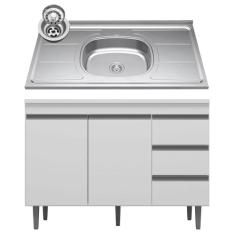 Balcão Gabinete com Pia Inox 120cm 2 Portas 3 Gavetas Andréia Branco -