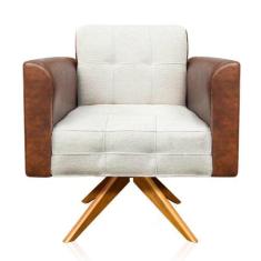 Poltrona Giratória Viena Couro Nozes com Linho Bege - D'Rossi