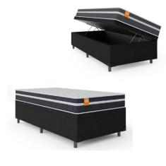Cama Box Solteiro Baú Colchão Molas Qatar 88x188x63cm Branco / Preto -