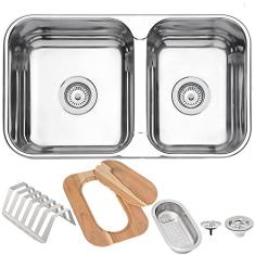 Cuba Tramontina Isis 2C 34 28 BS Perfecta em Aço Inox Polido 69 x 40 com Válvulas, Cesto Coador, Tábua e Escorredor de Pratos