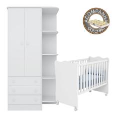 Quarto de Bebê Doce Sonho Roupeiro 825 + Berço 1 Qmovi Branco com Colchão Gazin