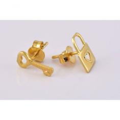 Brinco Duo Chave E Cadeado Folheado Em Ouro 18K