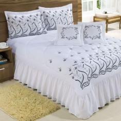 Kit Cobre Leito Casal Queen Desejos 07 Peças Bordado - Branco com Pret
