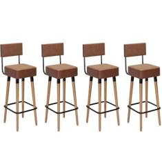 Kit 4 Banquetas Banco Alto Barcelona Couro Café Bar Cozinha Pés Madeir