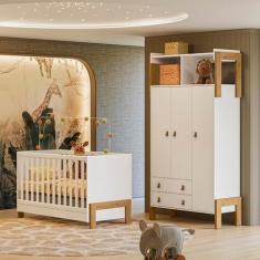 Quarto de Bebê Fantasia com Roupeiro 4375 e Berço 4300 Qmovi Branco Acetinado + Colchão Gazin
