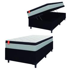 Cama Box Baú Solteiro Colchão Molas Ensacadas Real 88x188x68cm Preto / Cinza - Suporta até 130kg por Pessoa