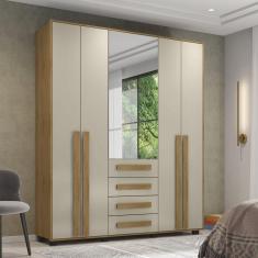 Guarda Roupa Solteiro com Espelho 4 Portas 4 Gavetas Las Vegas III Cinamomo/Off White