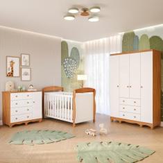 Quarto Bebê Completo Berço Americano Marquesa 3 em 1 Guarda Roupas 4 Portas Cômoda Junior 100% MDF