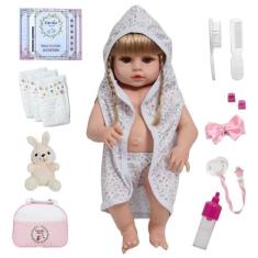 Boneca Bebê Reborn Loira Cabelo Longo Roupão Coelho 20 Itens - Cegonha