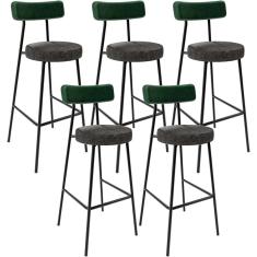 Kit 05 Banquetas Alta Bar Cozinha Sala De Jantar Milão L02 Facto Verde Linho Chumbo - Lyam Decor