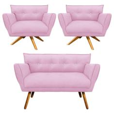 Kit 01 Namoradeira E 02 Poltronas Anitta Suede Rosa Bebê