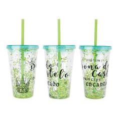 Copo de Plástico 450ml Shine Teen com Canudo - Art Brink, Verde
