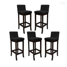 Kit 5 Banquetas Alta com Encosto Matelassê Tóquio Madeira Maciça Maciça Suede Preto CCS