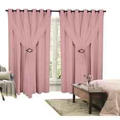 Cortina Corta Luz 3,00m X 2,50m 100% Blackout Com Voil Rosa Para Sala Ou Quarto Varão Simples