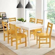 Mesa de Madeira Maciça com 6 Cadeiras Mandacaru Madeiramadeira Branco/amarelo