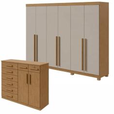 Conjunto de Guarda-Roupa 6 Portas com Pés Bertha com Cômoda Toronto Amêndoa Clean/Off White