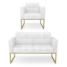 Kit 1 Sofá Namoradeira E 1 Poltrona Elisa Corano Branco Base Metálica Industrial Dourado - D`rossi