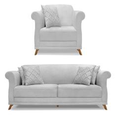 Kit Poltrona e Sofá Living 2 Lugares 1,60m Vênus Linho Cinza Pés Casta