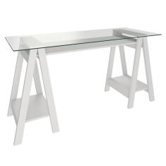 Mesa Escrivaninha 150cm Pés Cavalete Tampo De Vidro Cris A06 Branco - Mpozenato